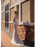 Beaded Ivory Lace Fringe Wedding Dress With Champagne Lining